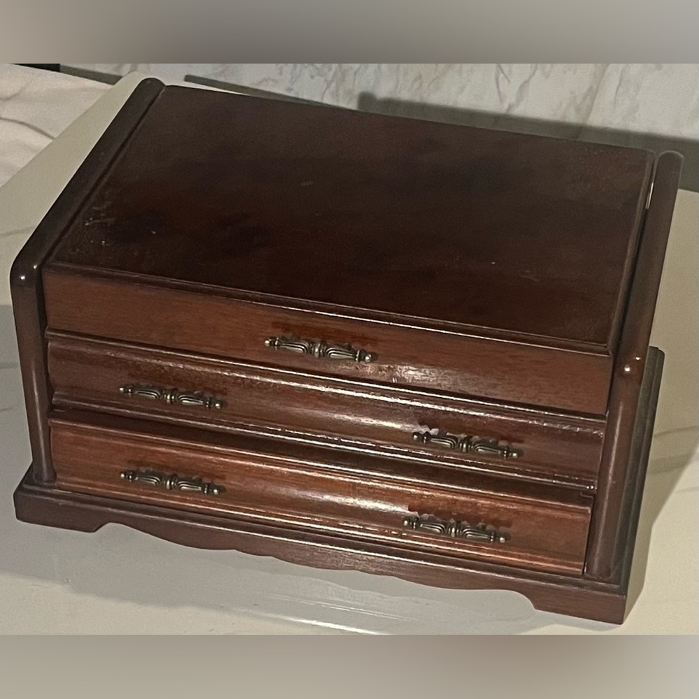 Vintage MELE Burl Top Heavy Wooden Large Two Drawer Mirrored Jewelry Box